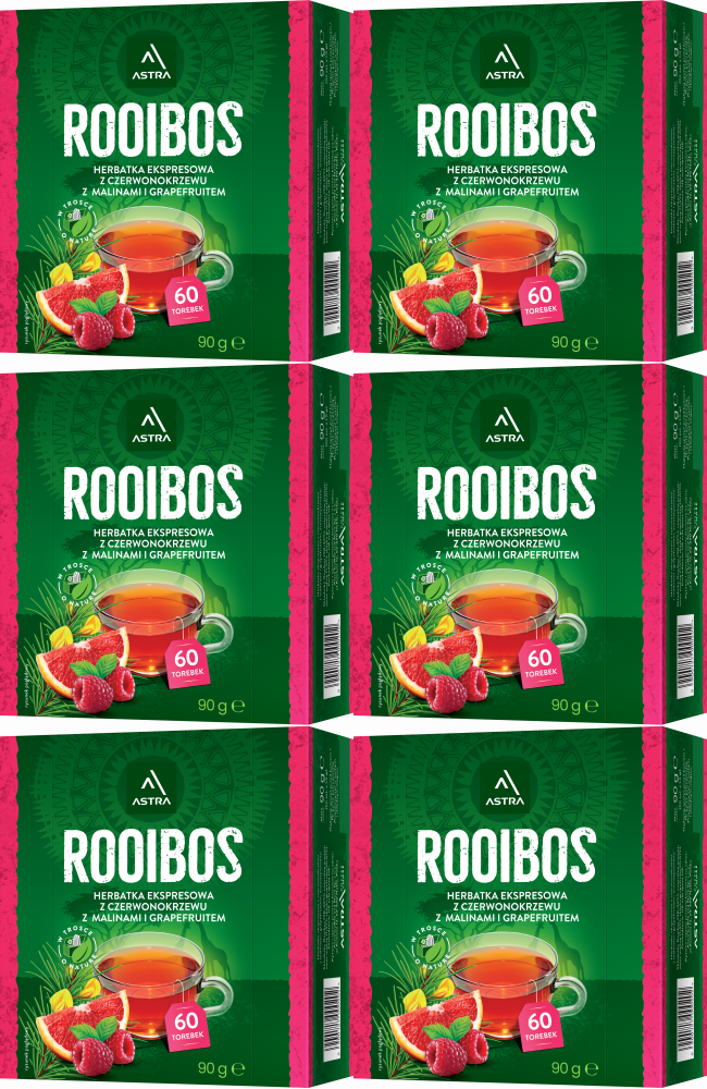 6x Herbata Rooibos w torebkach Astra, malina i grapefruit, 60 sztuk x 1.5g