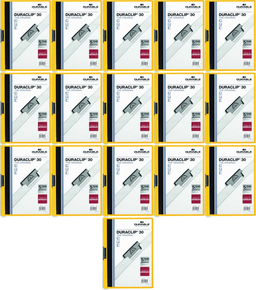 16x Skoroszyt plastikowy z klipsem Durable Duraclip, A4, do 30 kartek, żółty
