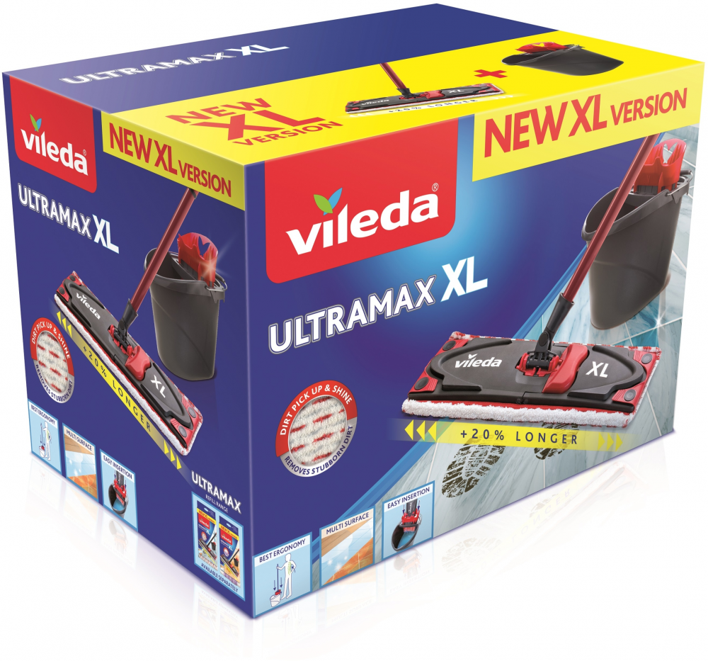 Zestaw Vileda Ultramax Box XL, wiadro+kij+uchwyt do mopa+mop płaski, czarno- czerwony