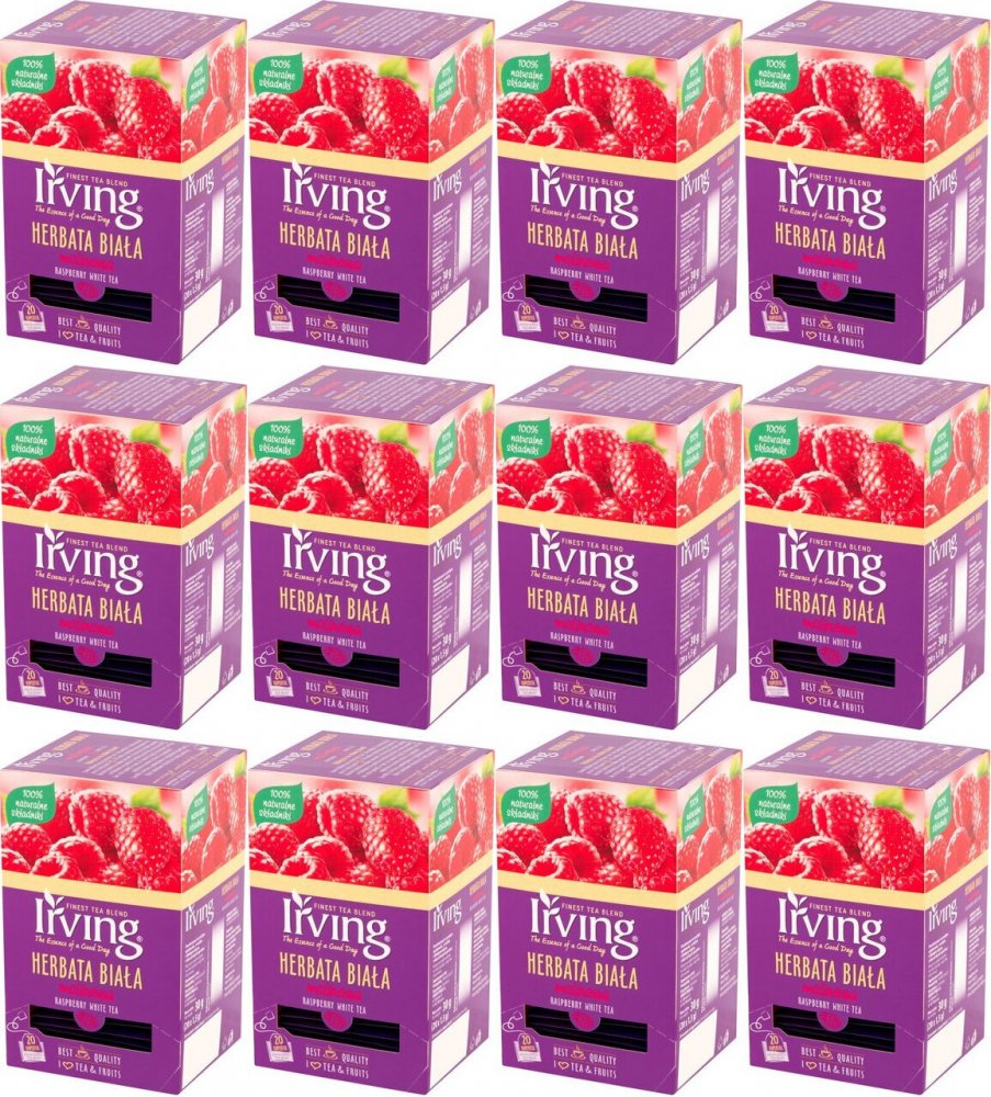12x Herbata biała smakowa w kopertach Irving, malina, 20 sztuk x 1.5g