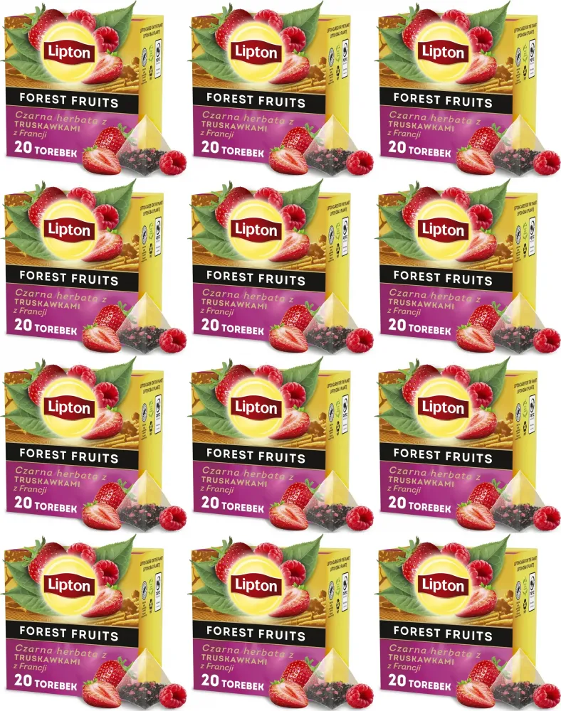 12x Herbata czarna w piramidkach Lipton, z truskawkami z Francji, 20 sztuk x 1.5g