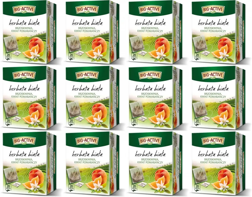 12x Herbata biała smakowa w torebkach Big Active, brzoskwinia i kwiat pomarańczy, 20 sztuk x 1.5g