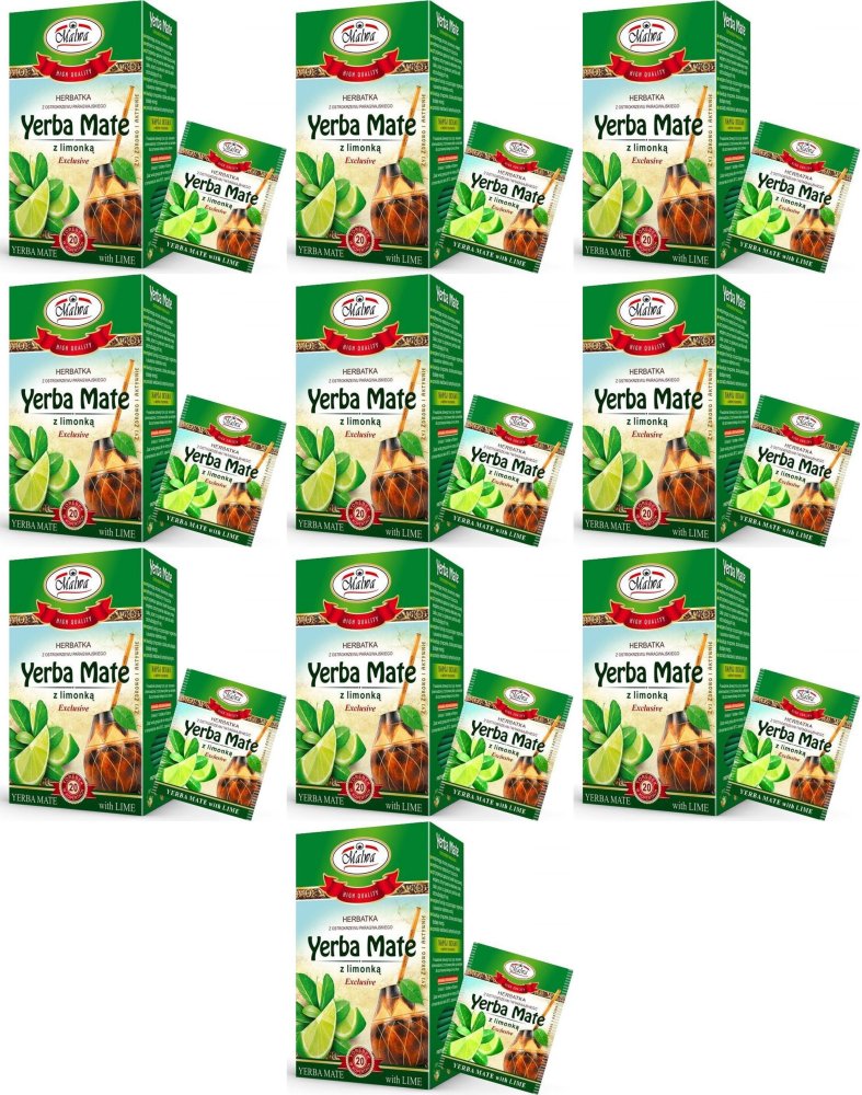 10x Herbata Yerba Mate w kopertach Malwa, z limonką, 20 sztuk x 2g