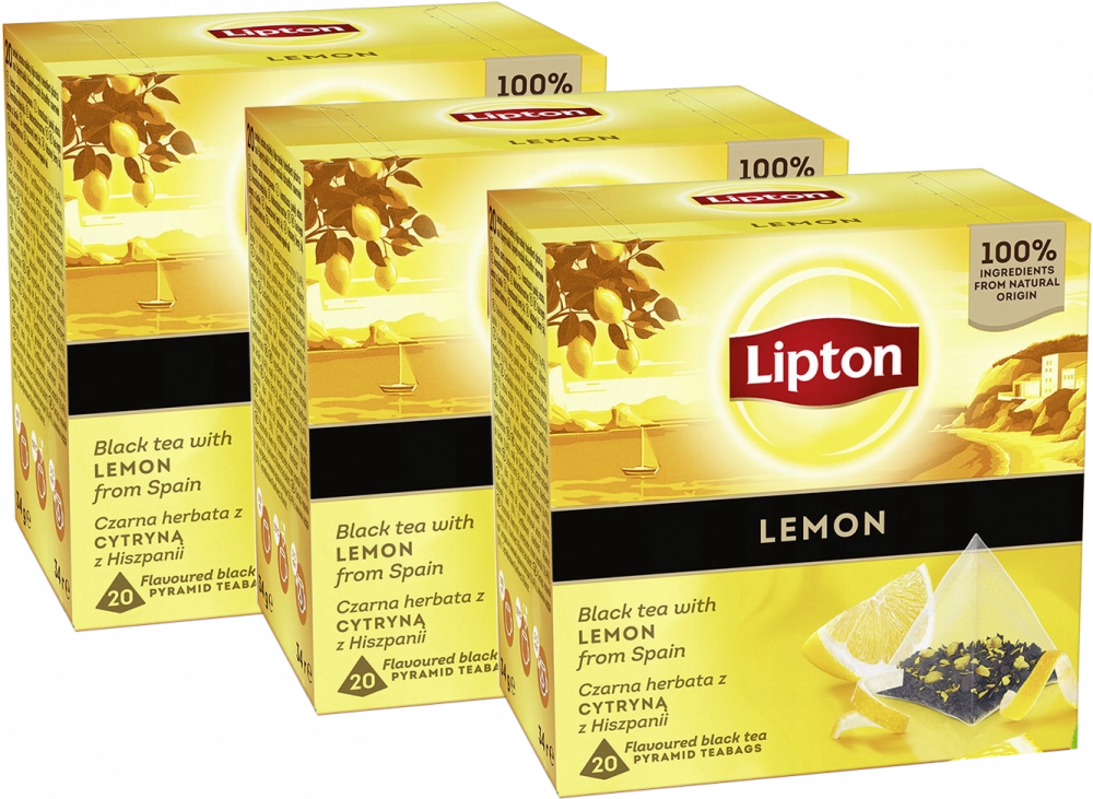 3x Herbata czarna w piramidkach Lipton, z cytryną z Hiszpanii, 20 sztuk x 1.7g