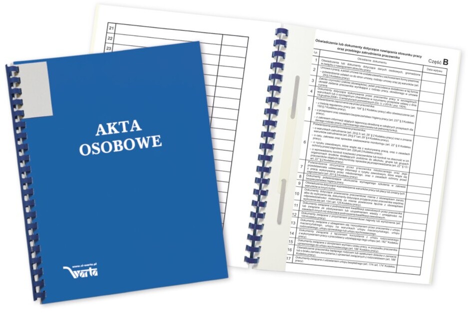 Teczka do akt osobowych Warta, A4, z bindą zewnętrzną, ABCDE, niebieska