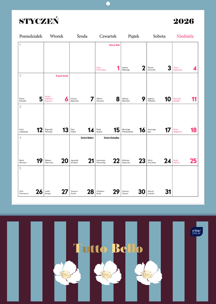 Kalendarz ścienny 2026, Interdruk, z kieszonką, 28x40cm, miesięczny, Tutto Bello