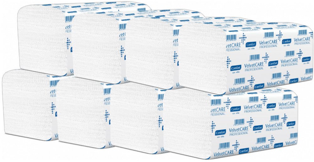 8x Ręcznik papierowy VelvetCARE Professional, dwuwarstwowy, w składce ZZ, 23x23cm, 150 składek, biały