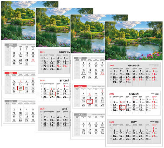 4x Kalendarz ścienny 2026, Udziałowiec, trójdzielny, 310x680mm ogród