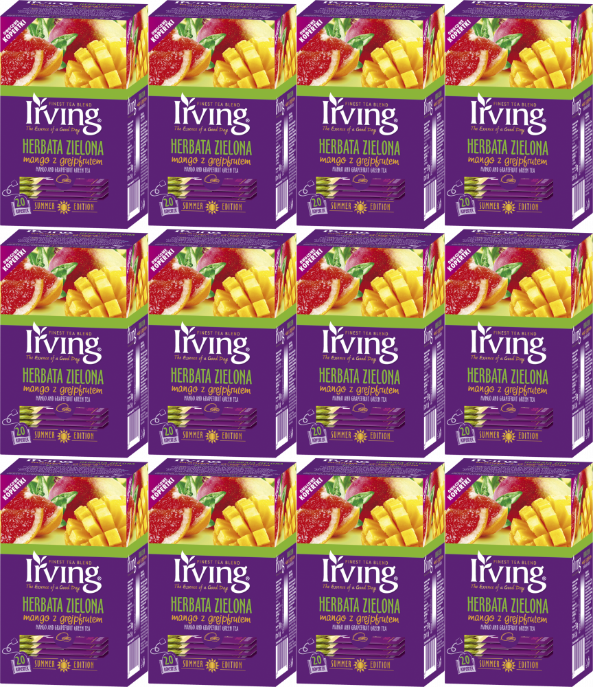 12x Herbata zielona smakowa w kopertach Irving, mango z grejpfrutem, 20 sztuk x 1.5g