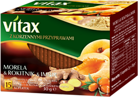 Herbata owocowo-ziołowa w kopertach Vitax z korzennymi przyprawami, morela/rokitnik/imbir, 15 sztuk x 2g