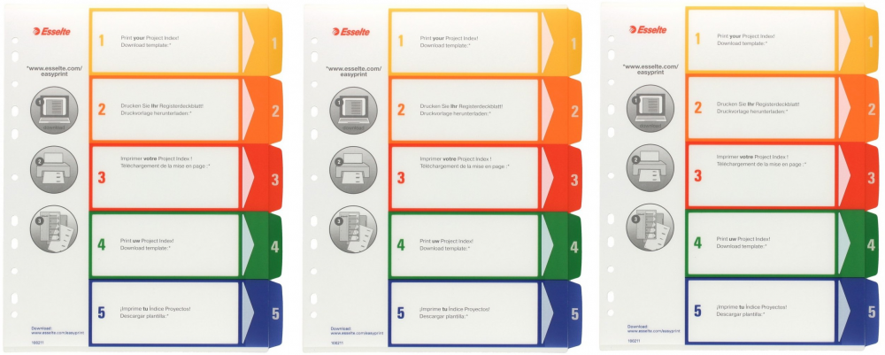 3x Przekładki do segregatora Esselte Maxi, plastikowe, numeryczne, do zadruku, A4, 1-5 kart, mix kolorów