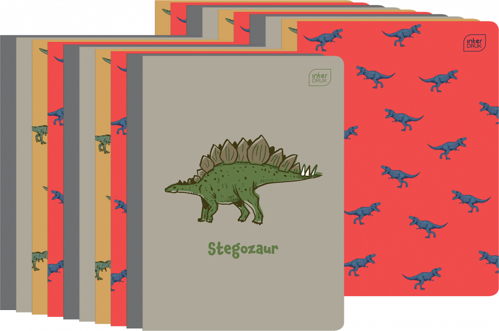 20x Zeszyt w wąskie kolorowe linie Interdruk UV Dinozaurus, A5, 32 kartki, mix wzorów