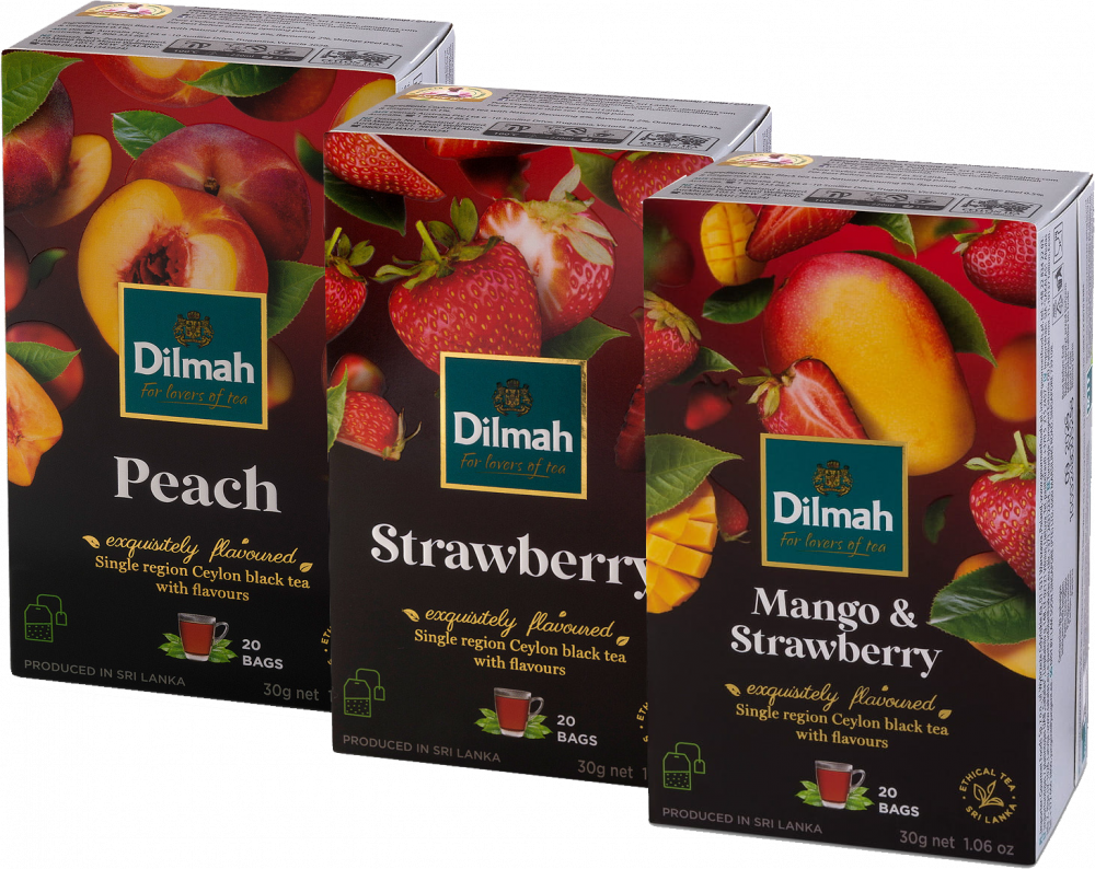 Zestaw 3x Herbata czarna aromatyzowana w torebkach Dilmah 1x truskawka, 1x brzoskwinia, 1x truskawka i mango