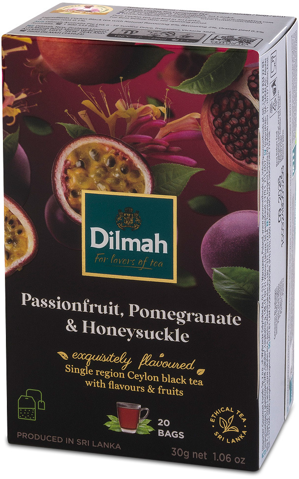 Herbata czarna aromatyzowana w torebkach Dilmah Passionfruit Pomegranate&Honeysuckle, granat/marakuja/wiciokrzew, 20 sztuk x 1.5g