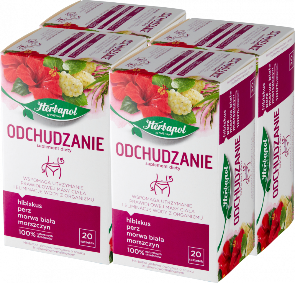 4x Herbata funkcjonalna w torebkach Herbapol Odchudzanie, truskawkowo-malinowy, 20 sztuk x 2g
