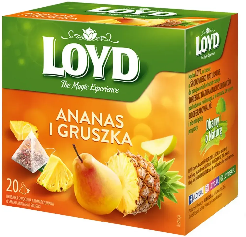 Herbata owocowa w piramidkach Loyd, ananas i gruszka, 20 sztuk x 2g