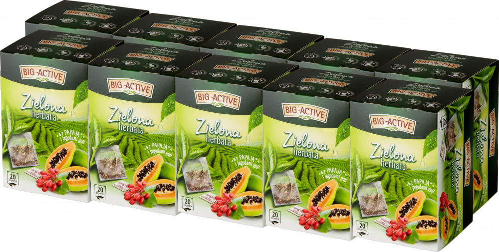 10x Herbata zielona smakowa w kopertach Big-Active, papaja i jagody goji, 20 sztuk x 1.7g