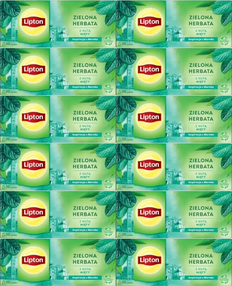12x Herbata zielona smakowa w torebkach Lipton Green Tea Mint, mięta, 20 sztuk x1.3g