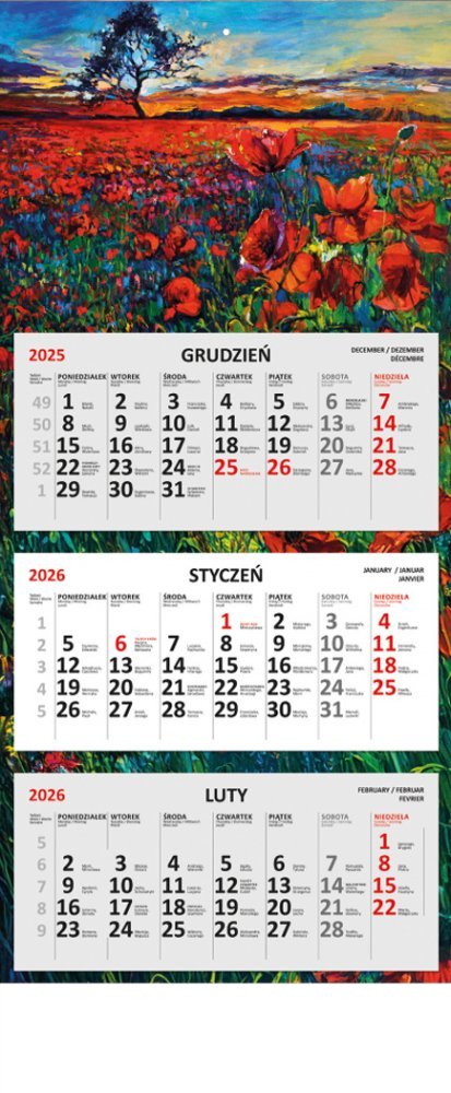 Kalendarz ścienny 2026, Udziałowiec, trójdzielny, 310x660mm, płaski, pejzaż