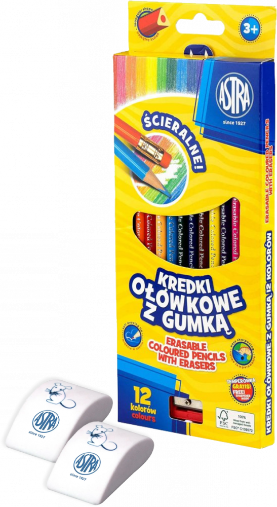 Zestaw: Kredki ołówkowe ścieralne Astra, trójkątne, z gumką, 12 sztuk + temperówka, mix kolorów + 2x Gumka do ścierania Astra Myszka, biały