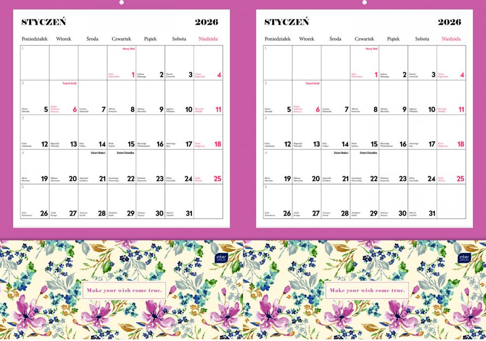 2x Kalendarz ścienny 2026, Interdruk, z kieszonką, 28x40cm, miesięczny, Blossom