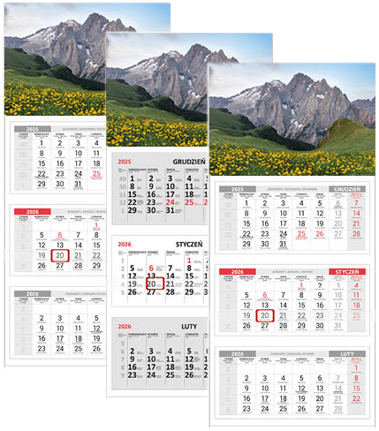 3x Kalendarz ścienny 2026, Udziałowiec, trójdzielny, 310x680mm góry