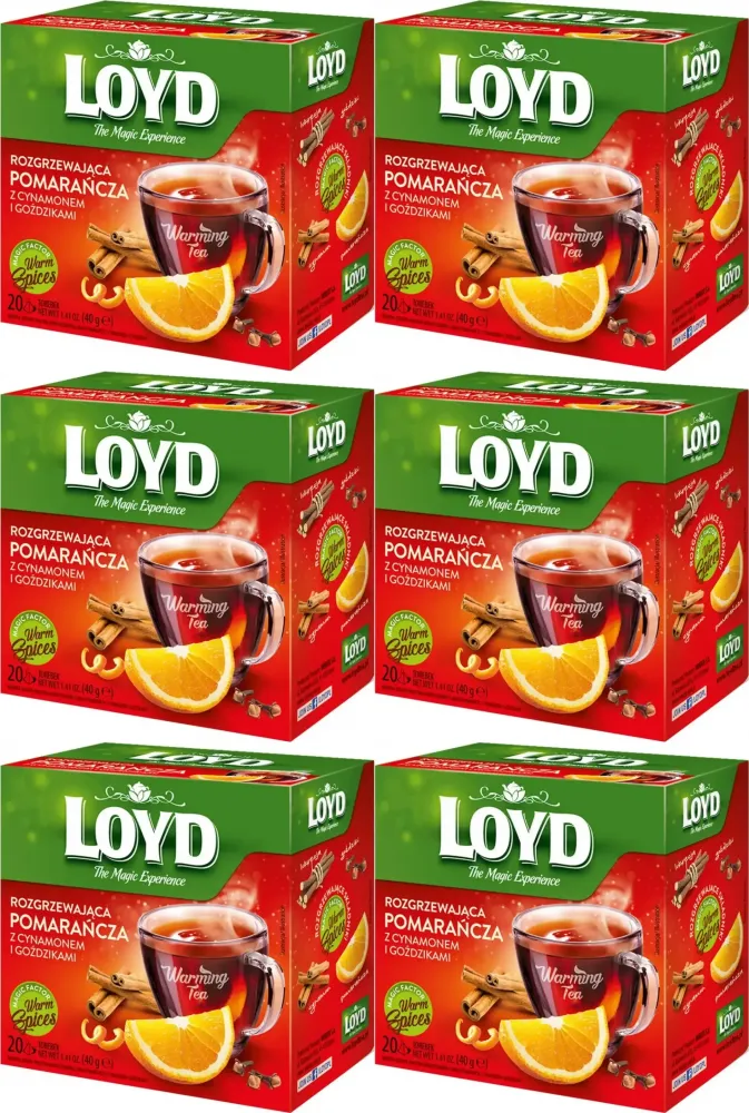 6x Herbata owocowa w kopertach Loyd Rozgrzewająca Pomarańcza z Cynamonem i Goździkami, 20 sztuk x 2g
