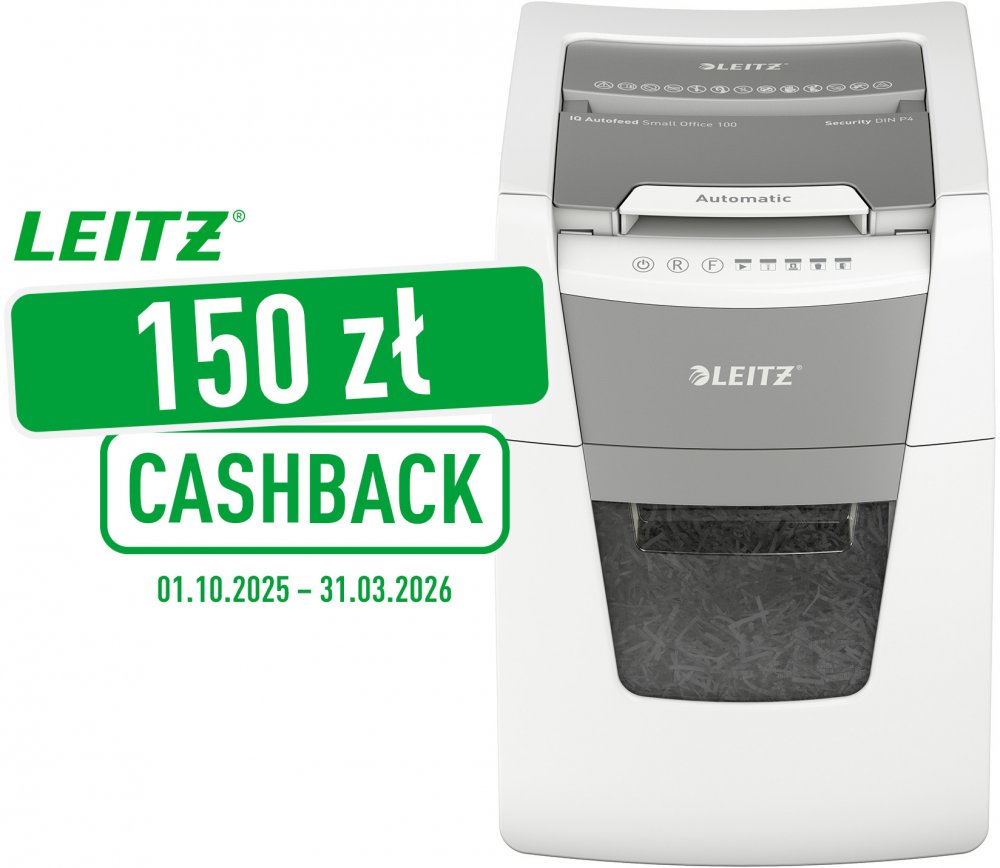 Niszczarka do papieru automatyczna Leitz IQ Small Office 100, konfetti 4x28mm, 100 kartek, P-4 DIN, biało-szary