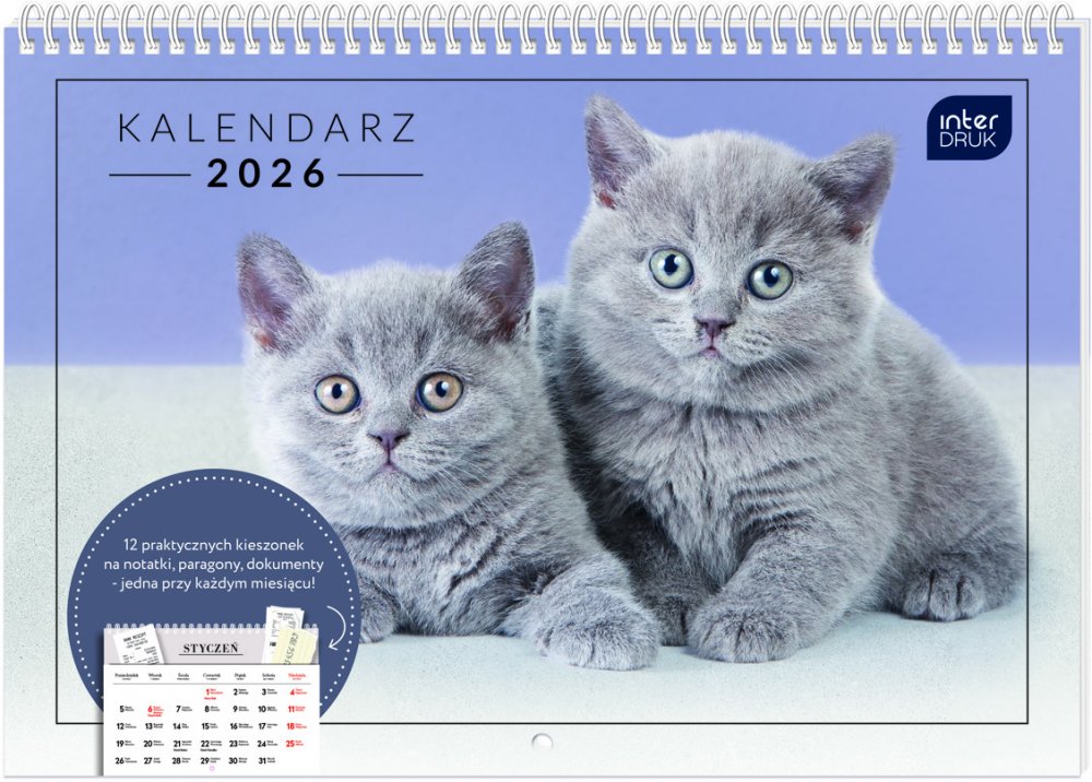 Kalendarz ścienny 2026, Interdruk, z kieszonką, 25x17.5cm, miesięczny, Zwierzaki
