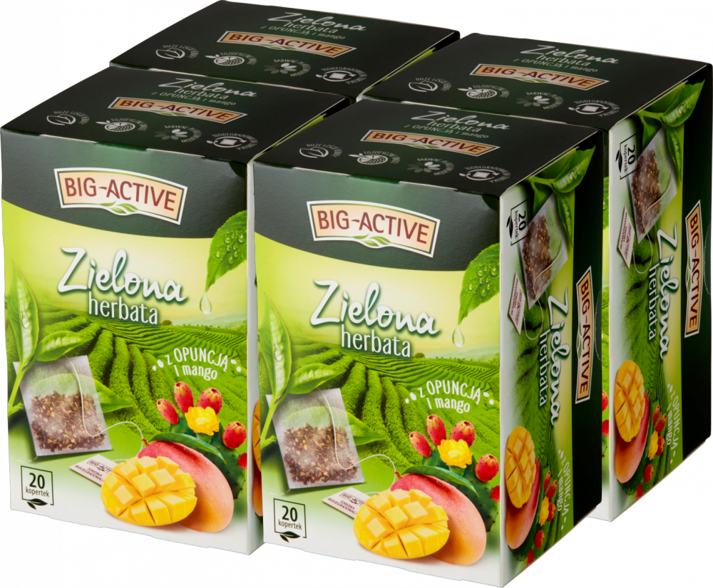 4x Herbata zielona smakowa w kopertach Big-Active, opuncja + mango, 20 sztuk x 1.7g
