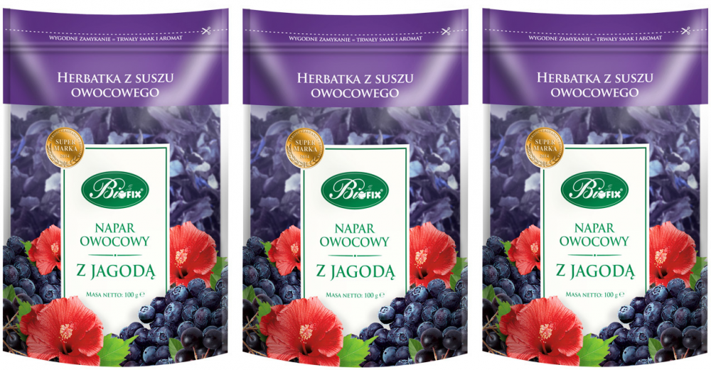 3x herbata owocowa z suszu BiFix, owoce jagody, 100g