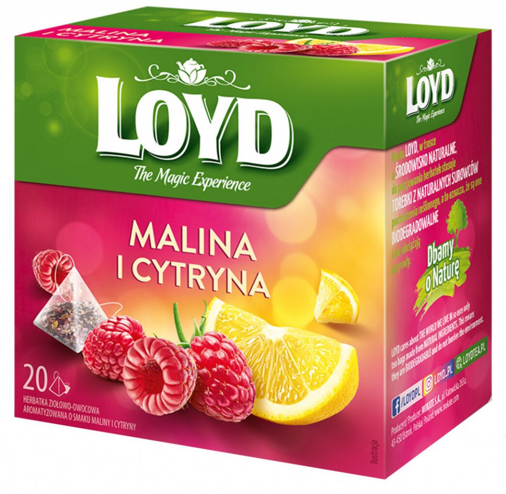 Herbata owocowa w piramidkach Loyd, malina i cytryna, 20 sztuk x 2g