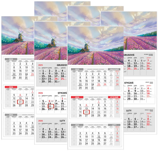 6x Kalendarz ścienny 2026, Udziałowiec, trójdzielny, 310x680mm pejzaże