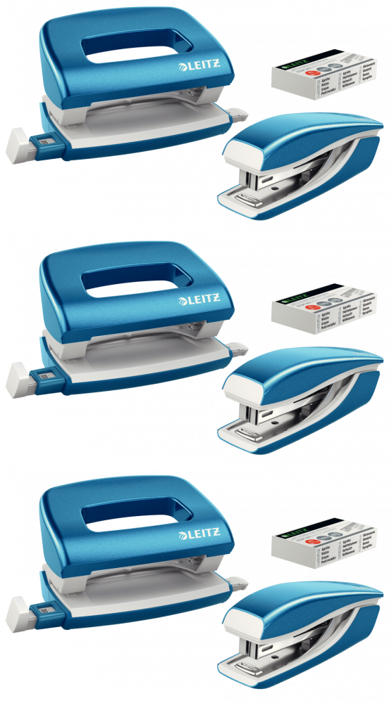 3x Zestaw zszywacz i dziurkacz Leitz Mini NeXXt Wow, metalowy, niebieski