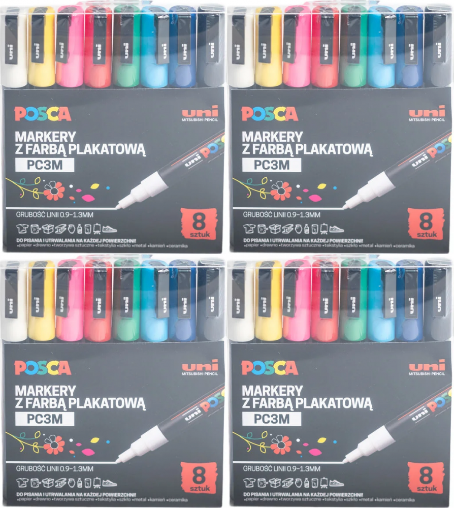 4x Marker Posca PC-3M, z farbą plakatową, okrągła, 8 sztuk, mix kolorów