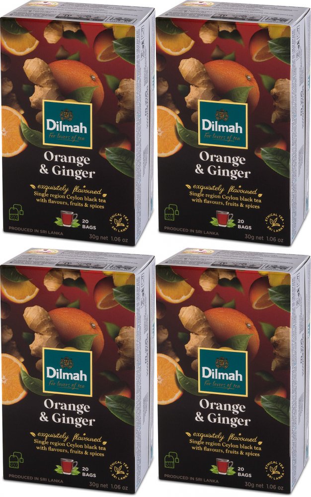 4x Herbata czarna aromatyzowana w torebkach Dilmah, Pomarańcza i Imbir, 20 sztuk x 1.5g