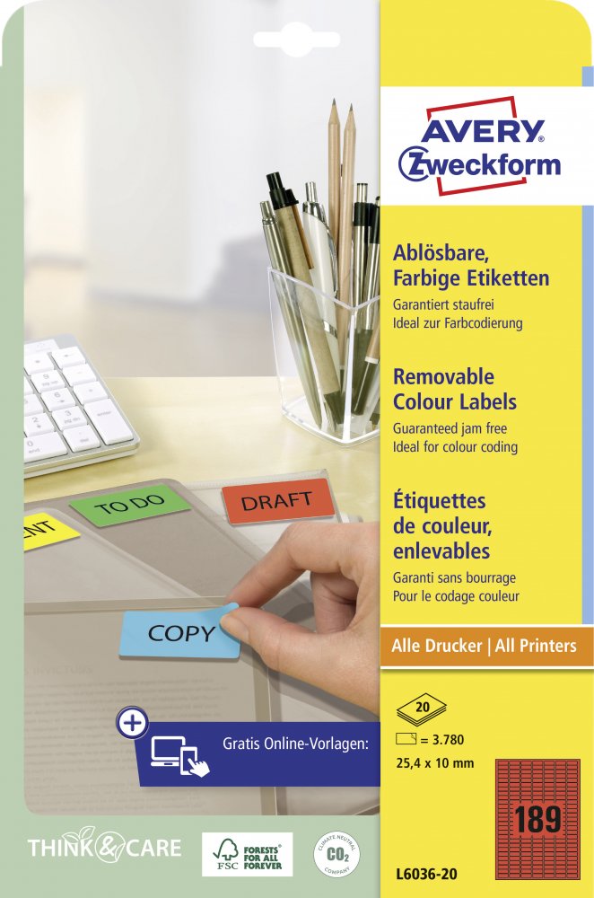 Etykiety usuwalne Avery Zweckform, 25.4x10mm, 20 arkuszy, czerwony