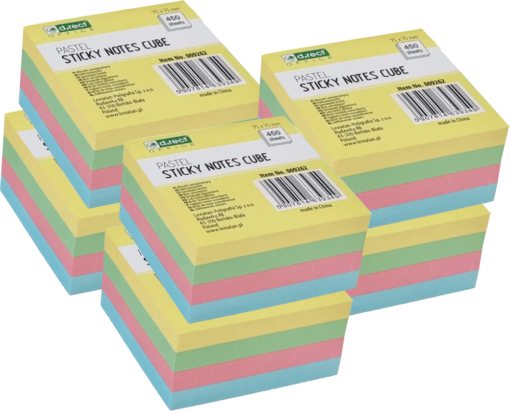 6x Karteczki samoprzylepne D.Rect, 75x75mm, 450 karteczek, mix kolorów pastelowych