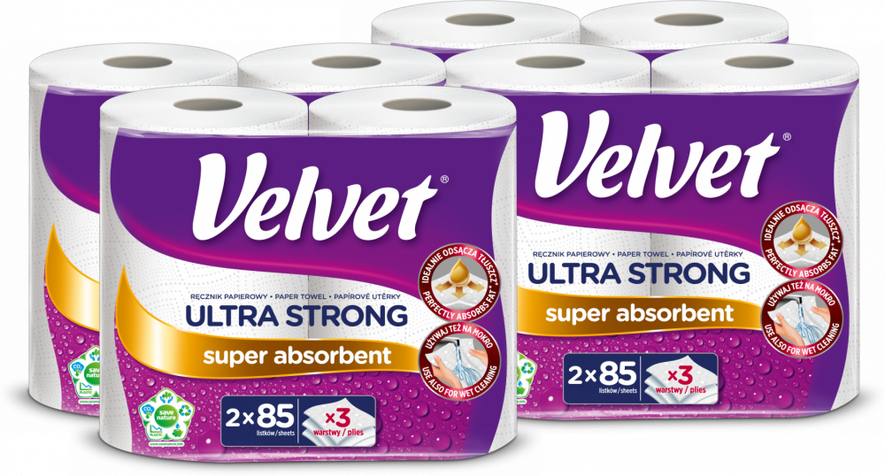 4x Ręcznik papierowy Velvet Ultra Strong, 3-warstwowy, w roli, 2 rolki, biały