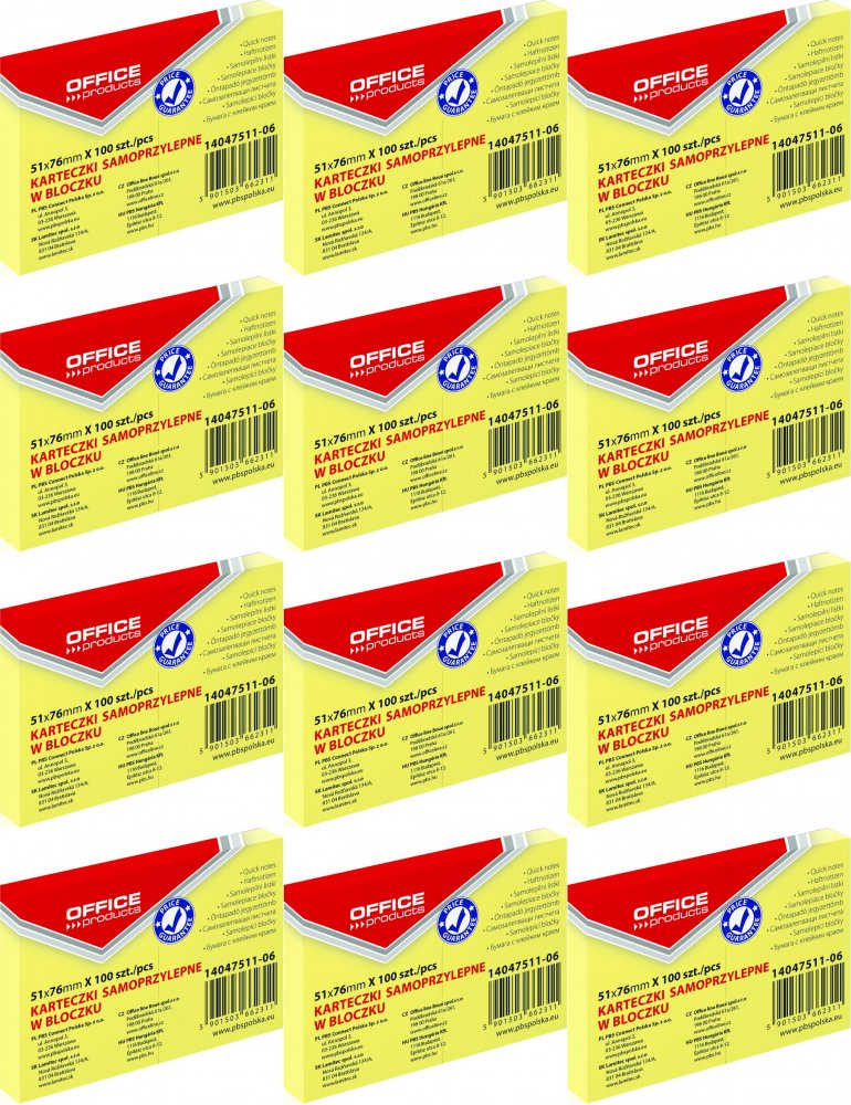 12x Karteczki samoprzylepne Office Products, 51x76mm, 100 karteczek, jasnożółty pasteowy