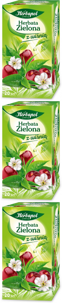 3x Herbata zielona w torebkach Herbapol, z wiśnią, 20 sztuk x 1.7g