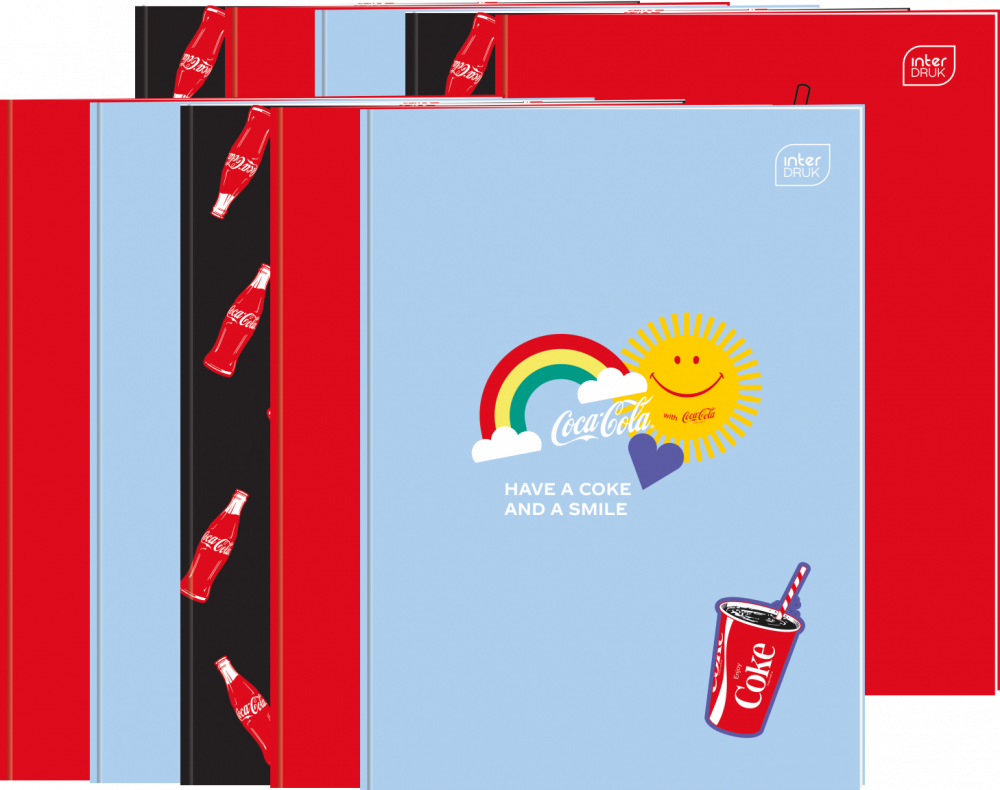 10x Zeszyt A4 Interdruk Coca Cola, w wąskie kolorowe linie, 32 kartki, mix wzorów
