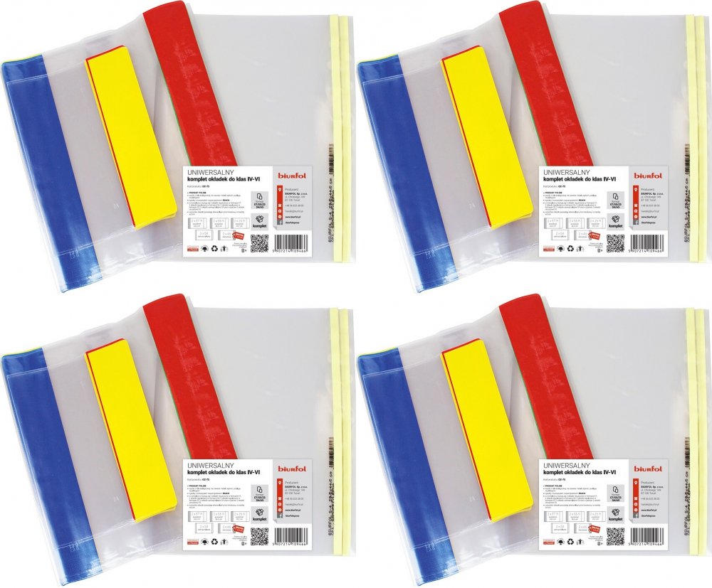 4x Komplet okładek Biurfol, do klas IV-VI, 6 sztuk, przezroczysty