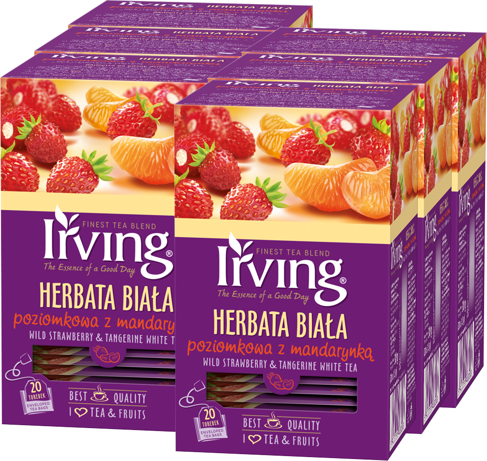 6x Herbata biała smakowa w kopertach Irving, poziomka z mandarynką, 20 sztuk x 1.5g