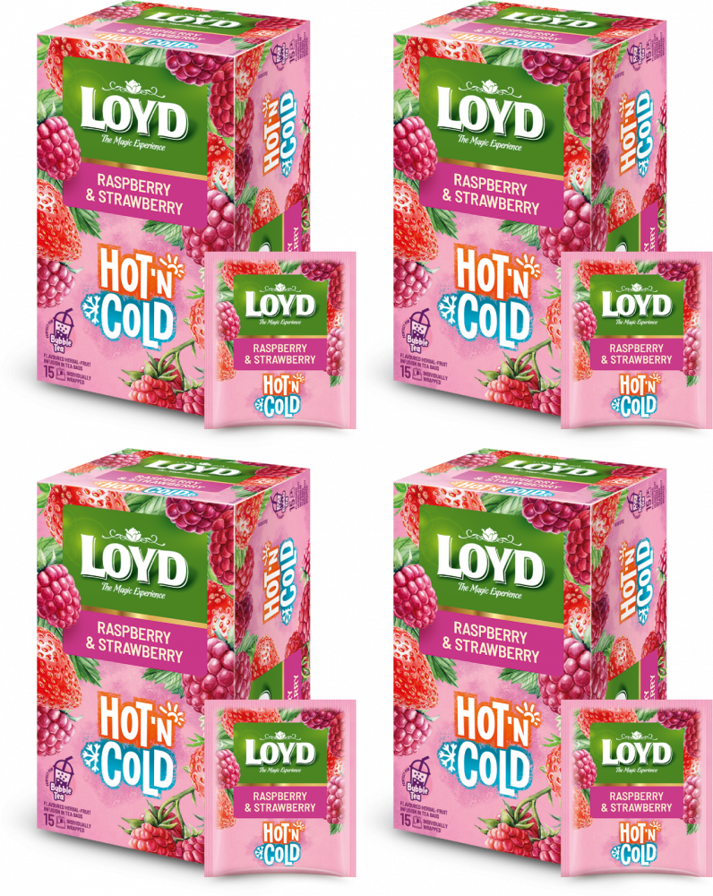 4x Herbata owocowo- ziołowa w kopertach Loyd Hot & Cold, malina i truskawka, 15 sztuk x 2g