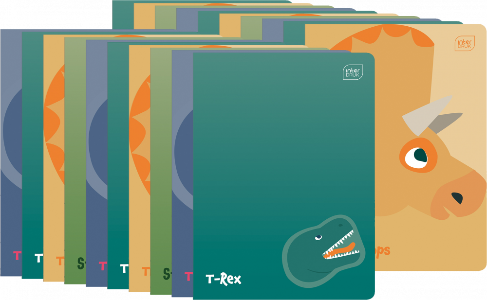 20x Zeszyt w wąskie kolorowe linie Interdruk UV Dinozaurus, A5, 16 kartek, mix wzorów