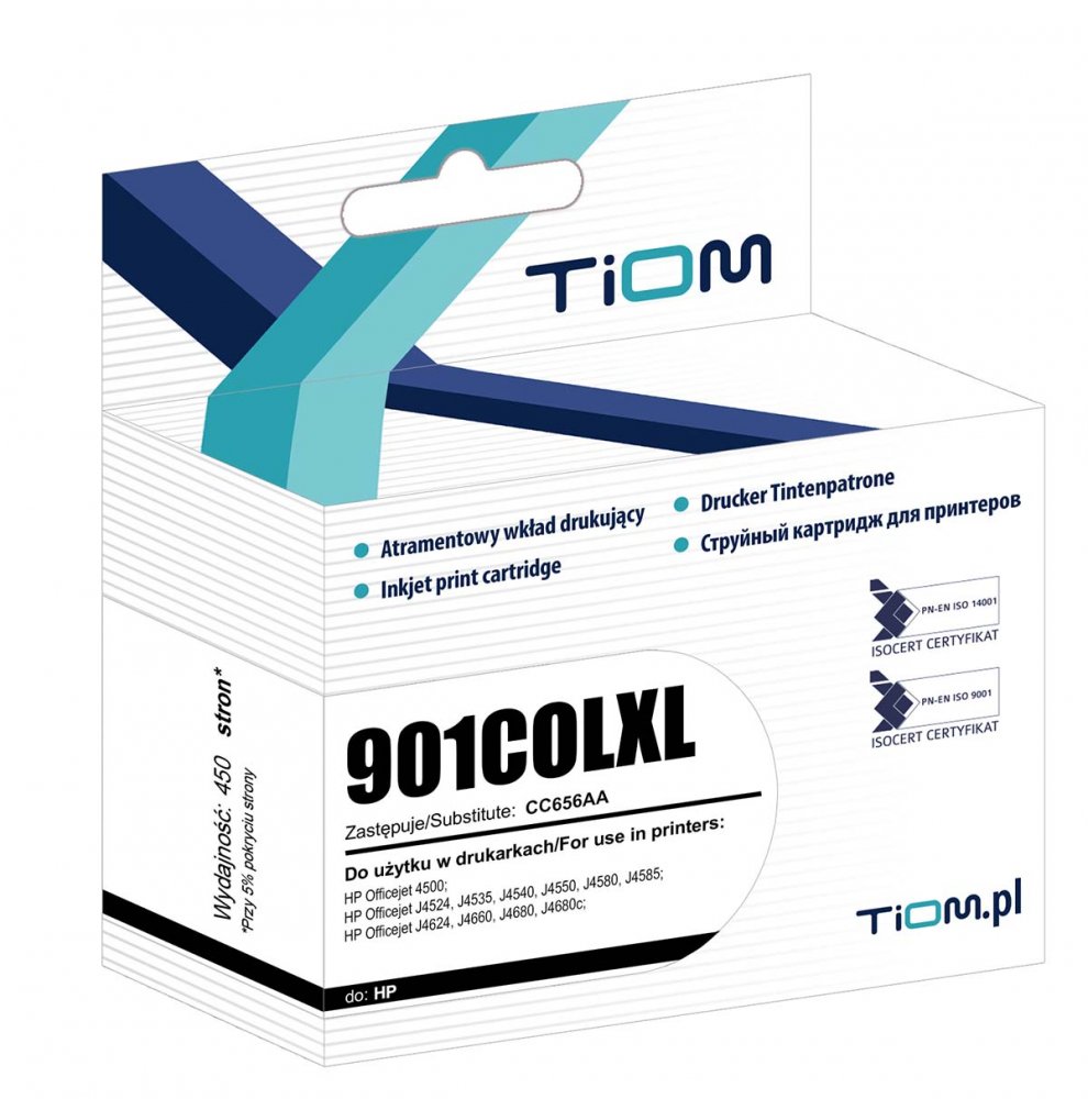 Tusz Tiom Ti-H901COLXL (CC656AE), 450 stron, CMY cyan (błękitny), magenta (purpurowy), yellow (żółty)
