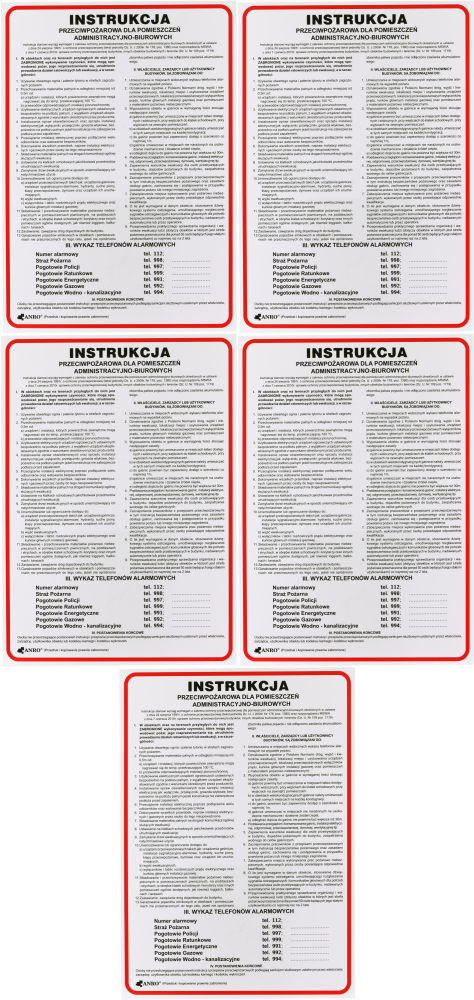 5x Tabliczka informacyjna Anro, "Instrukcja przeciwpożarowa dla pomieszczeń administracyjno-biurowych"