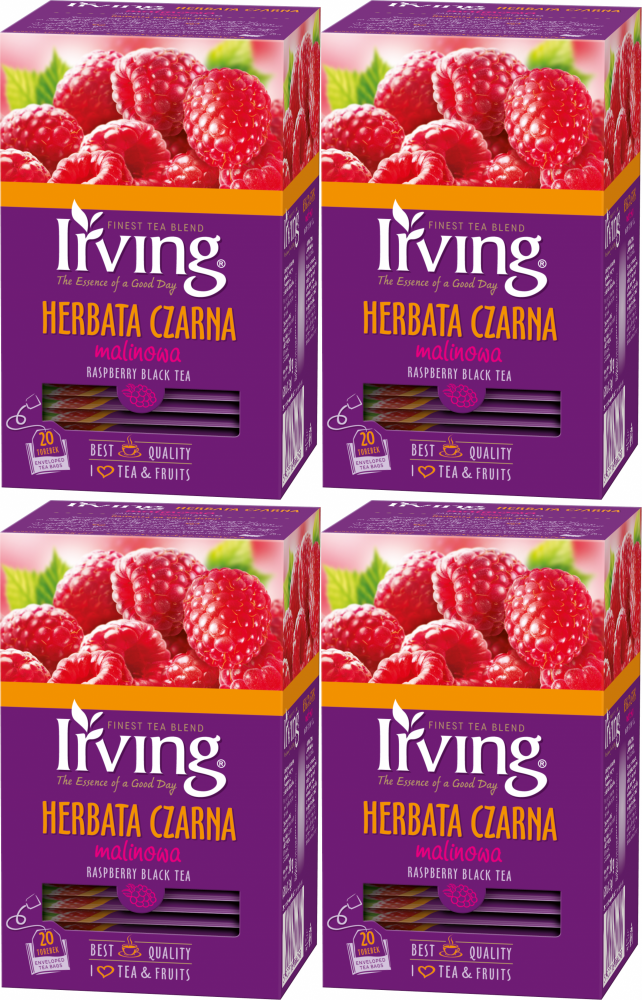 4x Herbata czarna aromatyzowana w kopertach Irving, malina, 20 sztuk x 1.5g