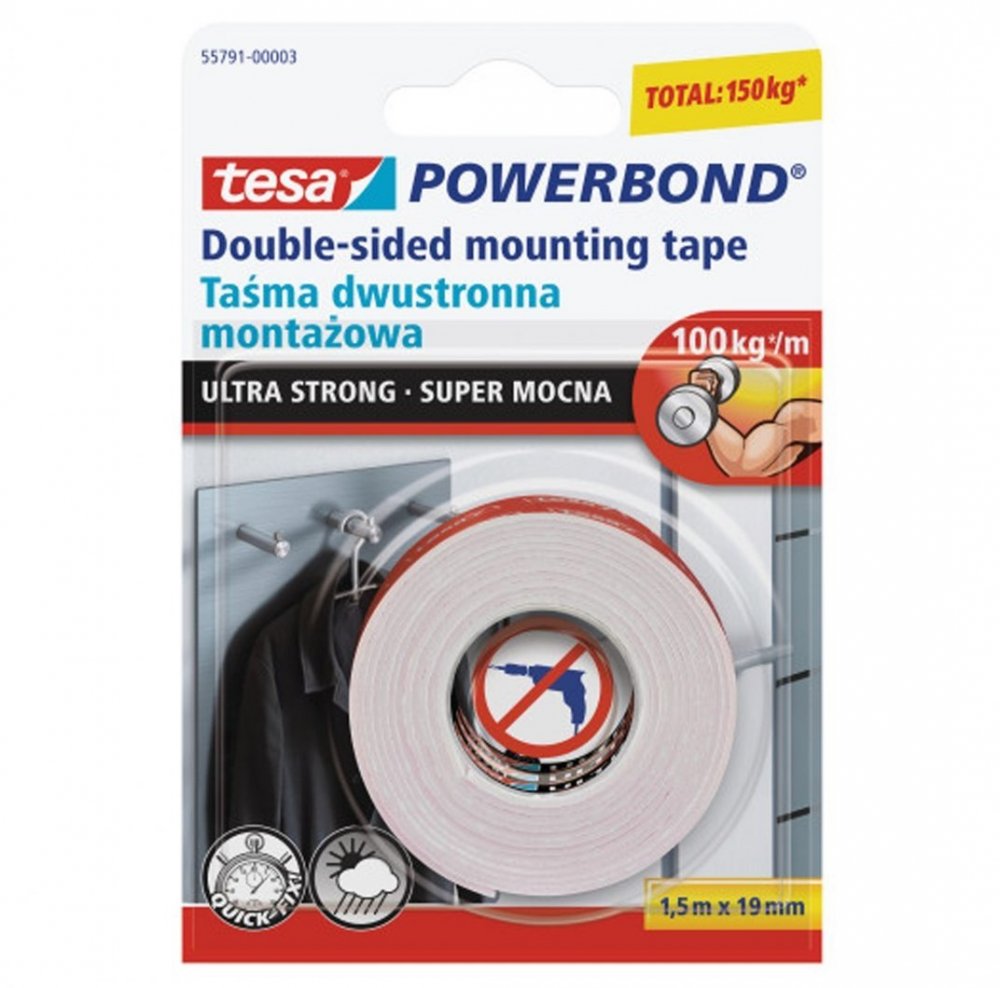Taśma dwustronna montażowa tesa, Powerbond Ultra Strong, 19mm x 1.5m, biały